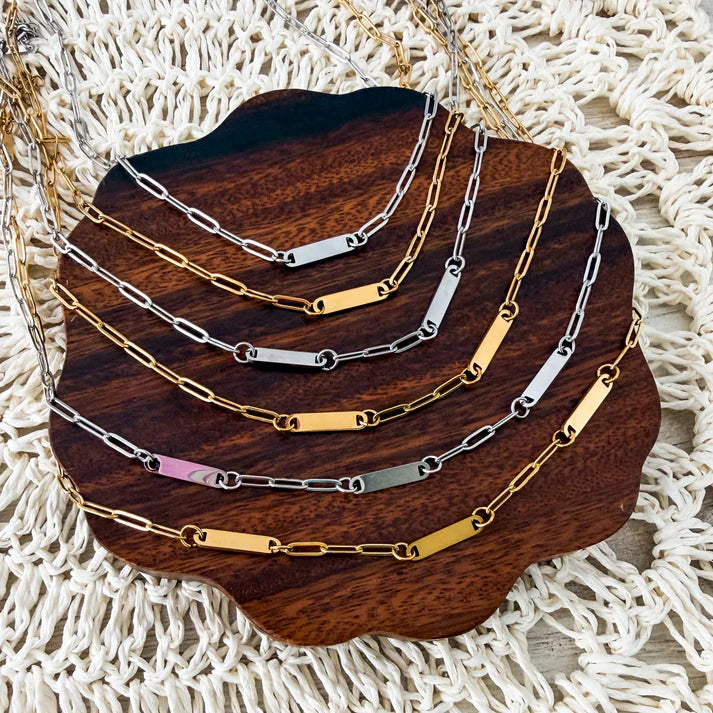 Engraved Silver Bar Necklace with Paperclip Chain