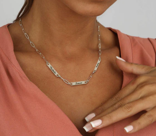 Engraved Silver Bar Necklace with Paperclip Chain