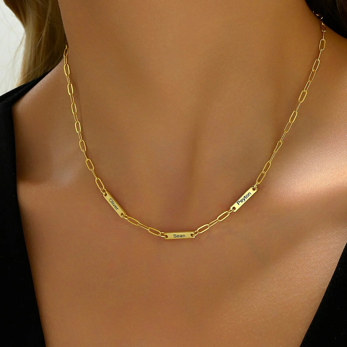 Engraved Gold Bar Necklace with Paperclip Chain